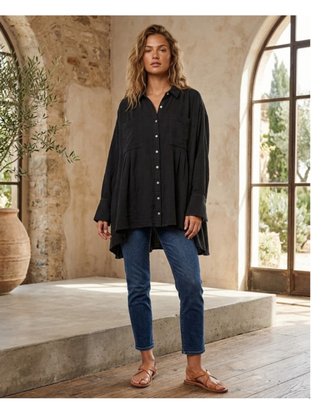 Free People The Voyager Black Collared Oversized Shirtdress Beach Boho Medium